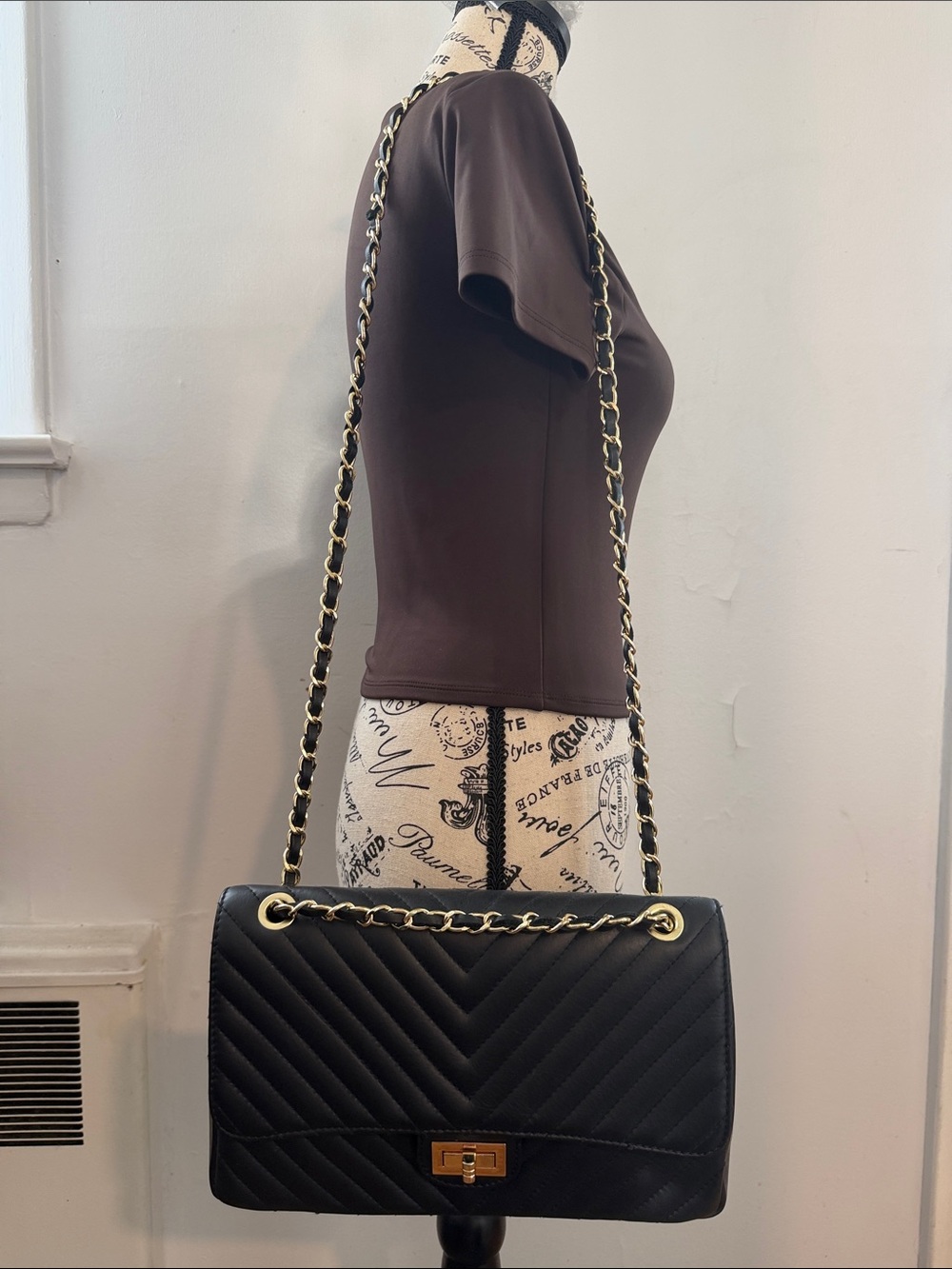 Black Quilted Chain-Shoulder Women Bag with Gold Hardware